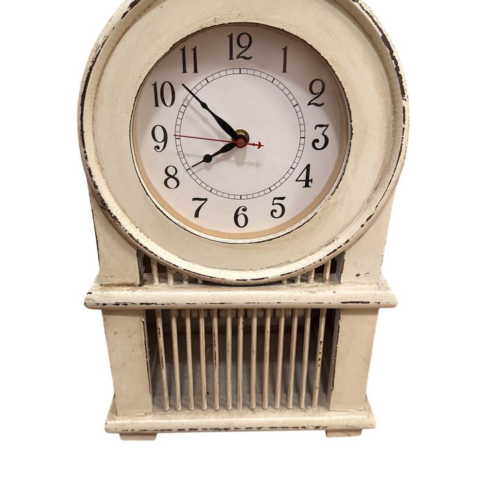 Vintage French Country-style Mantel Clock with A Distressed White Finish. Works